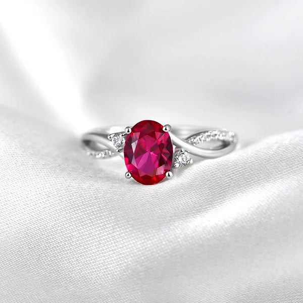 Fashionable Open Ring 925 Sterling Silver Synthetic Ruby Simple Gemstone Prong Setting Ring For Women Geometric Pattern Jewelry