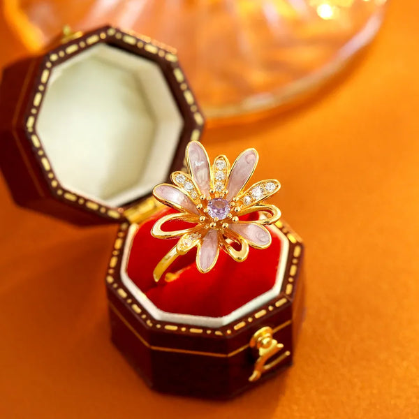 Enamel Sunflower Ring Women's Ring Bohemian Crystal Inlaid Copper Craft Jewelry