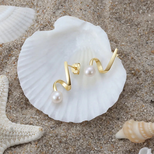 1 Pair 925 Sterling Silver Freshwater Pearl Geometric Ear Studs