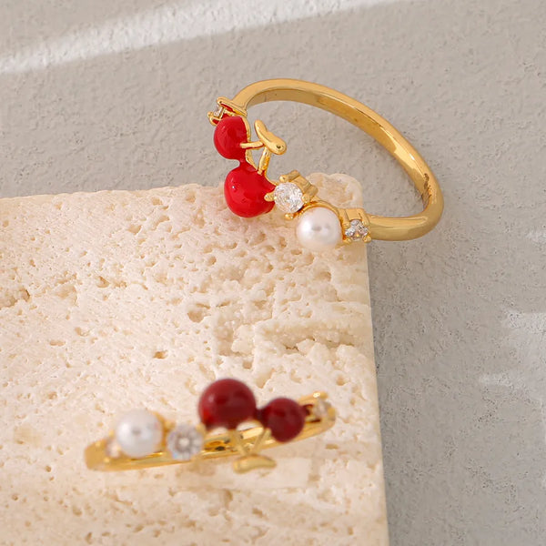 Cherry Waterproof Non Tarnish Rings for Women in Copper Alloy with KC Golden PVD Coated Plating and Zircon Inlay