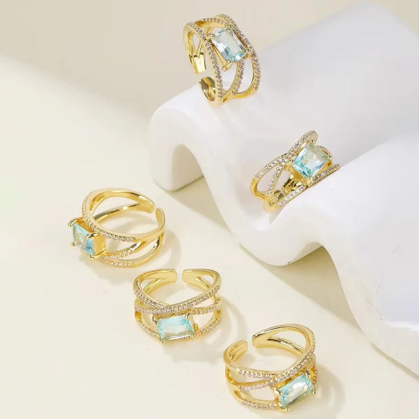 Women’s Crossover Open Ring in Copper with Electroplated Gold Plating and Zircon Inlay, Perfect for Spring