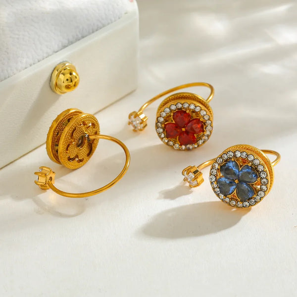 304 Stainless Steel Vacuum Electroplating (In Furnace) Plated 18K Real Gold Zircon Rotatable Flower Open Ring
