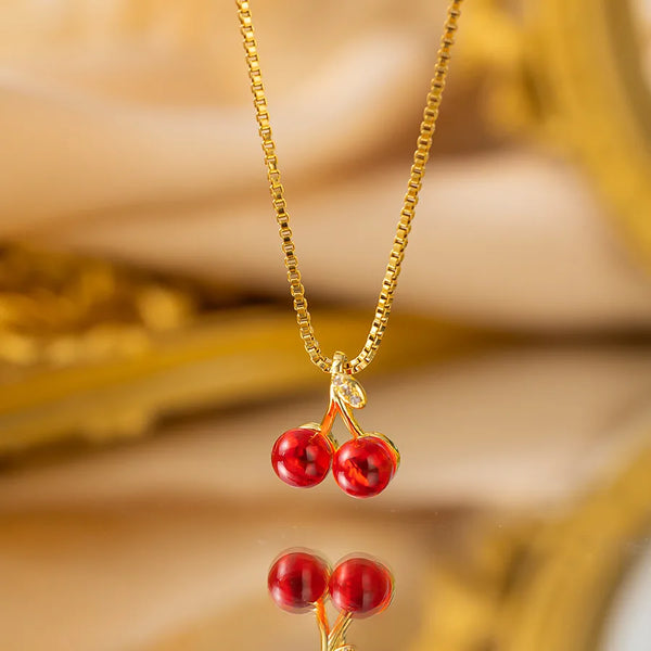 Wholesale Jewelry IG Style Cherry Titanium Steel Copper Artificial Gemstones Zircon Plating Inlay Pendant Necklace cable chain box chain