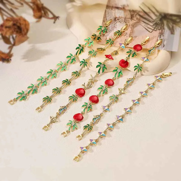 Wholesale Jewelry Casual Cute Sweet Coconut Tree Starfish Shell Copper Zircon 18K Gold Plated Enamel Plating Inlay Handmade Chain Bracelets