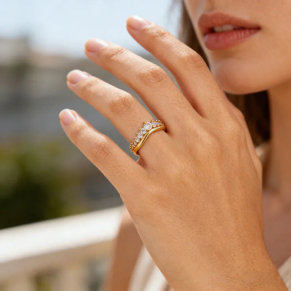 Unisex Crown Ring Featuring Waterproof Non Tarnish Craft, PVD Coated Copper with 18K Real Gold Plated and Zircon Inlay