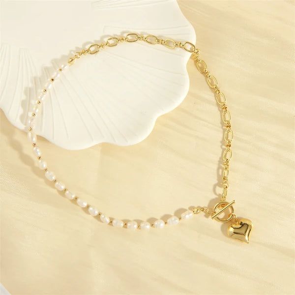 elegant heart shape freshwater pearl copper toggle beaded plating 18k gold plated pendant necklace