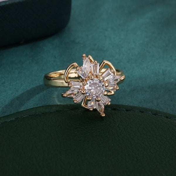 Women’s Copper Flower Ring with Zircon Inlay in Gold, Perfect for Spring