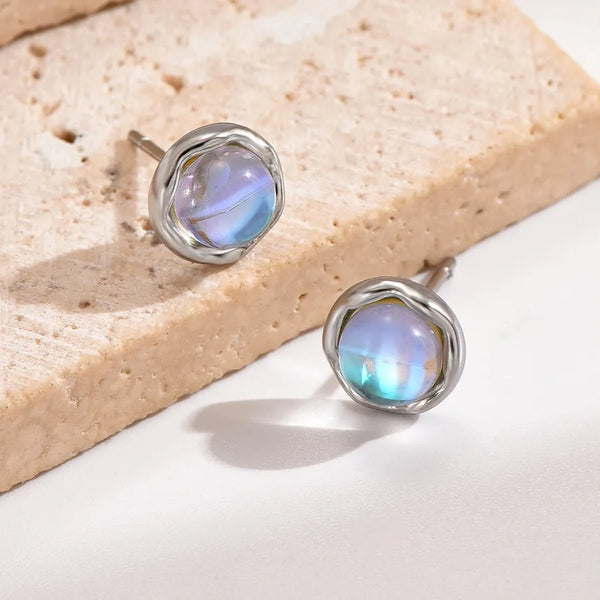 1 Pair Elegant Simple Style Round Polishing Plating Inlay Stainless Steel Moonstone 14K Gold Plated Ear Studs