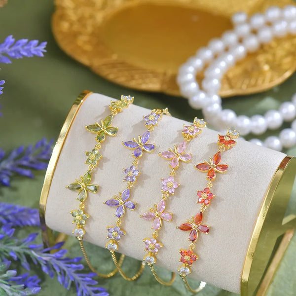 Adjustable Heavy Work Full Embedded Zircon Pull Out Style Butterfly Flower Colorful Original Design Bracelet Fairy Atmosphere