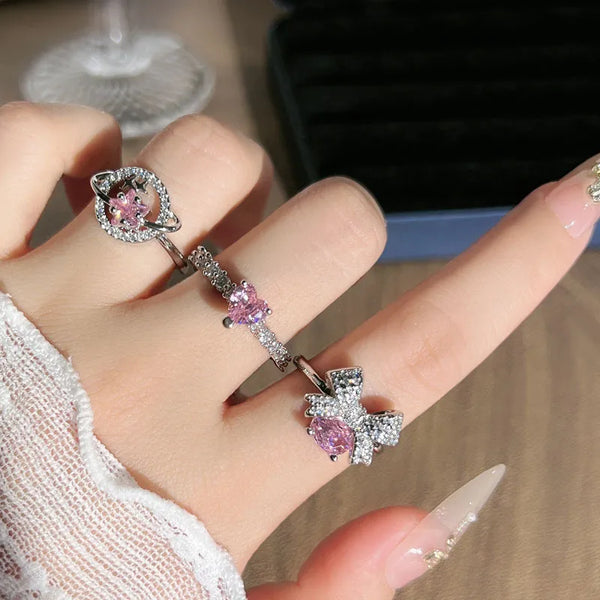 Elegant Sweet Mousse Pink Diamond Butterfly Knot Heart Ring For Women Luxury Lady Style Fashionable Personality Index Finger Ring