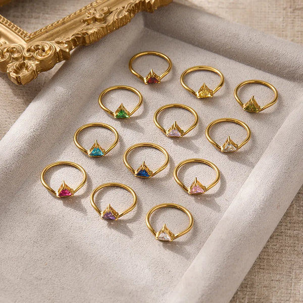 Unisex Trillion-Cut Rings in 316 Stainless Steel with 18K Real Gold PVD Coating and Zircon Inlay, Hypoallergenic