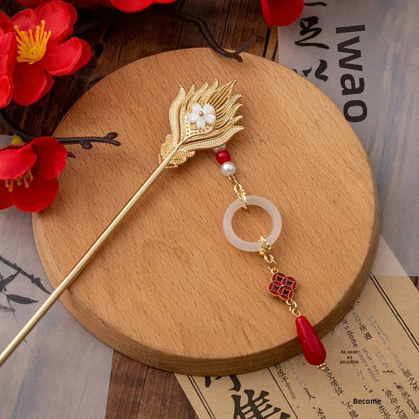 Phoenix Chinoiserie Hair Sticks in Metal with Feather Inlay, Perfect for Wedding Season and Winter