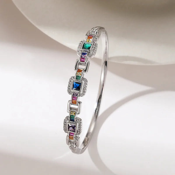 Colorful Platinum Plated Square Sugar Zircon Bracelet Luxury Versatile Jewelry Hidden Buckle Design Fashionable OL Style