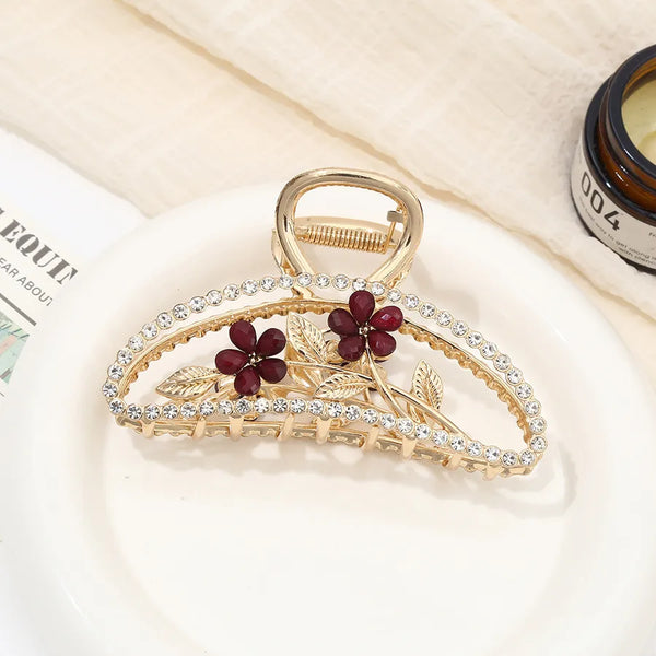 Sweet Metal Hair Claw for Women Featuring Flowers Design in Wine Red, Stylish Hairpin Accessory