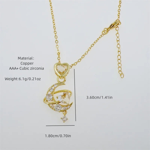 Copper cable chain 18K Gold Plated Inlay Moon Heart Shape Zircon Pendant Necklace