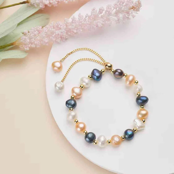 Baroque Style Natural Pearl Bracelet for Women with Beading Craftsmanship and Slider Chain, Perfect for Office Wear