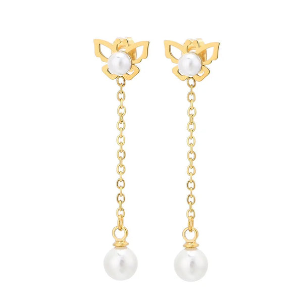 1 Pair Lady Butterfly Plating Inlay Titanium Steel Artificial Pearls 18K Gold Plated Drop Earrings