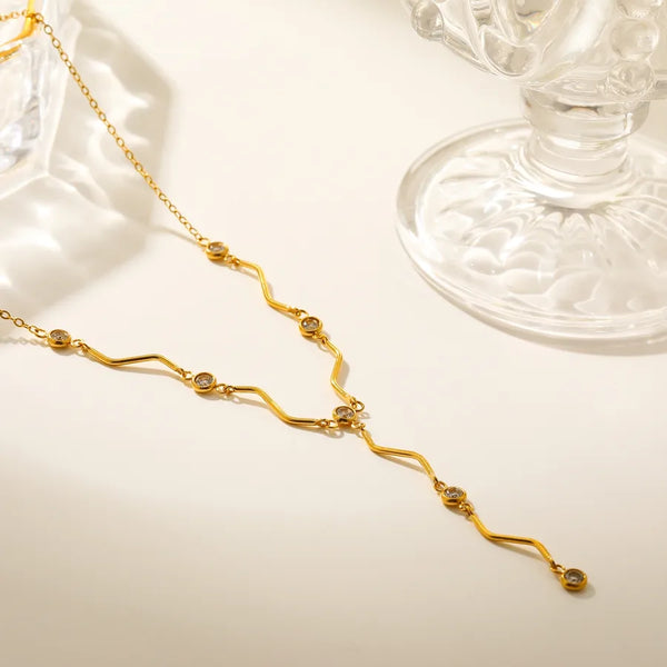 Geometric Electroplated Necklace for Women in 304 Stainless Steel with 18K Real Gold PVD Coated and Zircon Inlay, Featuring Cable Chain