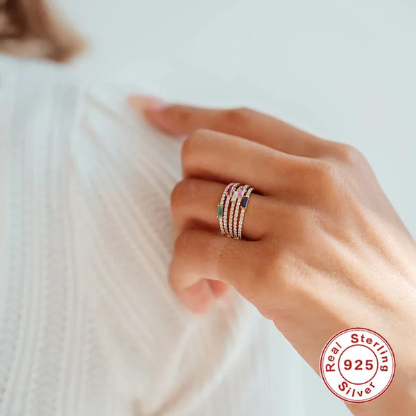 Silver Zircon Rectangle Rings