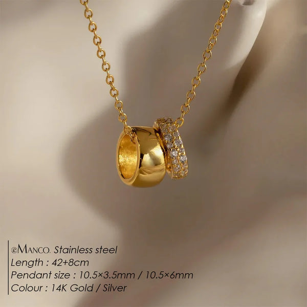 Emanco New Stainless Steel Embedded Narrow Face Ring 14K Wide Face Round Double Pendant Versatile Necklace Geometric Pattern