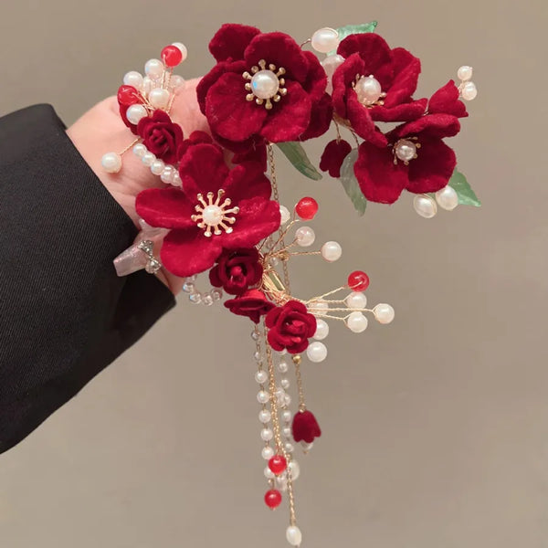 Wedding Hair Accessories Comb For Brides Engagement Tassel Flower Women's New Year Duckbill Clip Traditional Chinese Cheongsam