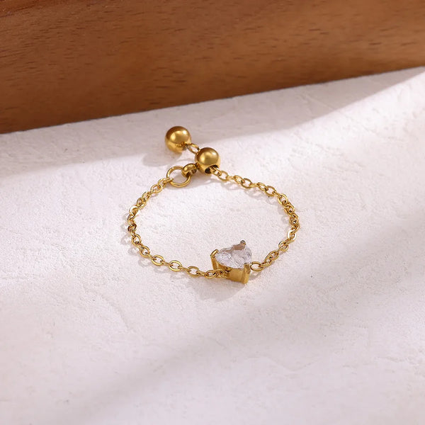 Geometric Zirconia Embedded Stainless Steel Stretch Chain Ring Luxury Minimalist Women's Fashion Jewelry Heart Round Design
