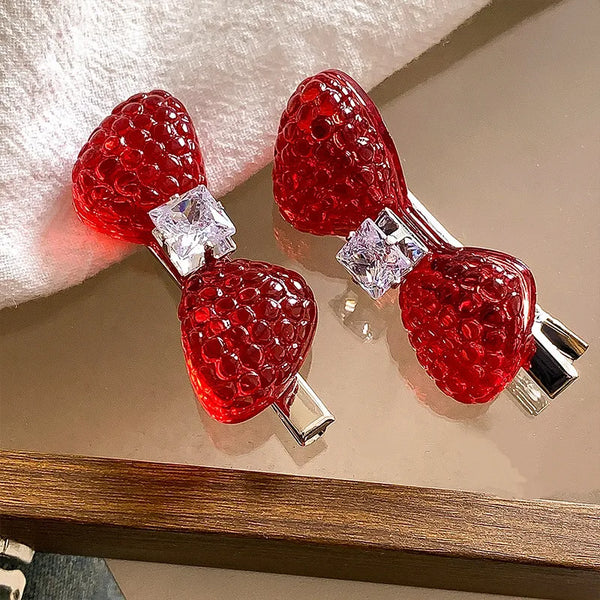 Sweet Strawberry Hairpin for Girls with Red Rhinestones, 1 Pair Hair Accessories