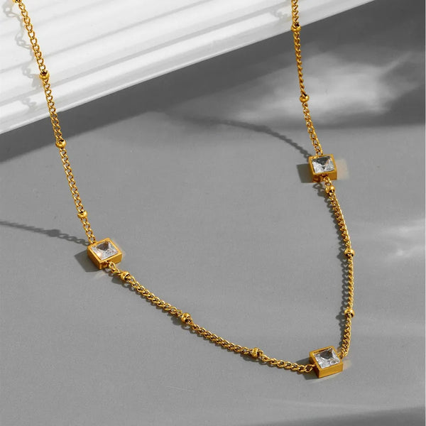 Square Necklace with Bezel Setting, 18K Real Gold Plated 304 Stainless Steel Featuring Zircon Inlay and Ball Chain, PVD Coated