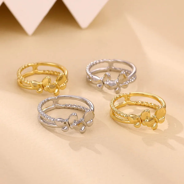 Butterfly 3D Gold Plated Ring for Women Simple Double Layer Ring Vintage Glass Gemstone Inlay