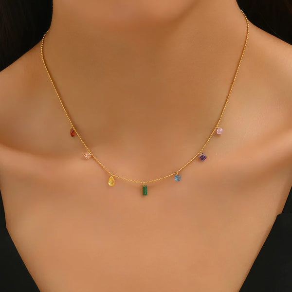 Wholesale Jewelry Vintage Style Color Block 304 Stainless Steel Titanium Steel Crystal 18K Gold Plated Beaded Plating Necklace