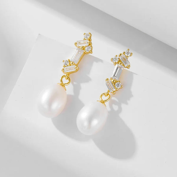 S925 Sterling Silver French Retro Freshwater Pearl Pendant Earrings for Women, Elegant Minimalist Square Zircon Stud Earrings