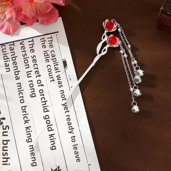Chinoiserie Flowers Hair Sticks in Metal with Pink Gem Inlay, Elegant Winter Hair Accessories