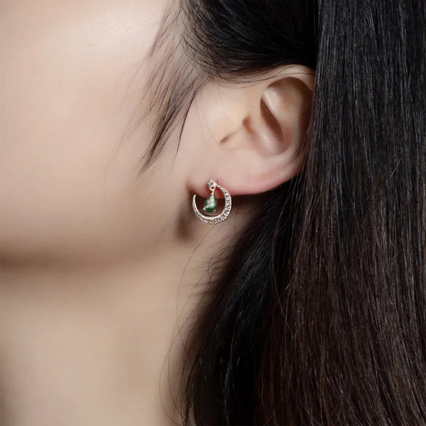 Moon Natural Green Moss Stone Earrings for Women S925 Silver Full Diamond Aquatic Agate Platinum Plated Earrings