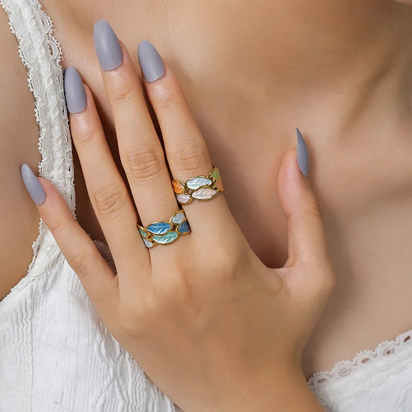 Double Layer Stainless Steel Leaf Poured Oil Ring Electroplated Unisex Casual Fashion Jewelry Accessory For All Seasons
