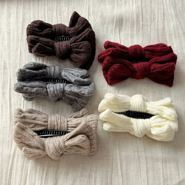 Autumn Winter Knitted Bow Hair Clip Vintage Ponytail Banana Clip for Women Back of Head Half Up Hairpin