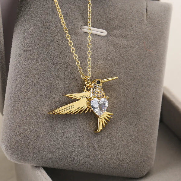 simple style bird copper plating inlay zircon 18k gold plated pendant necklace