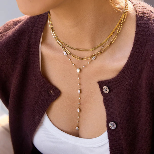 Tassel Y-Necklace Lariat Necklace for Women in 304 Stainless Steel with 18K Real Gold Plated Coating 0.03µm Featuring Zircon on O Chain