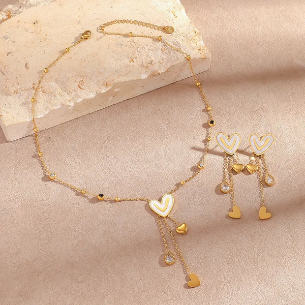 Titanium Steel Heart Necklace, Zircon Stainless Steel Necklace Earrings Set, Stainless Steel 316L Necklace, Casual Versatile Lobster Clasp Waterproof Non-Fading Suitable for Vacation
