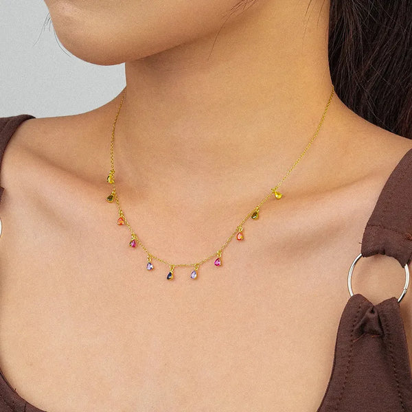 Colorful Gemstone Necklace for Women 925 Sterling Silver Vintage Tassel Water Drop Zircon Choker Collarbone Chain Jewelry Accessories
