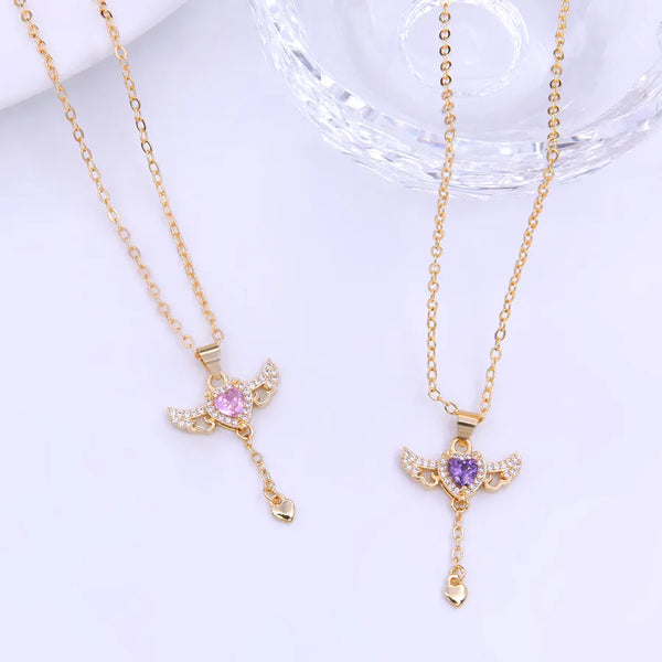 elegant sweet heart shape wings copper 18k gold plated zircon pendant necklace in bulk