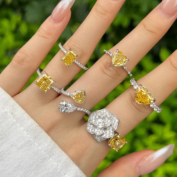 925 Sterling Silver High Carbon Diamond Geometric Heart Shape Rings