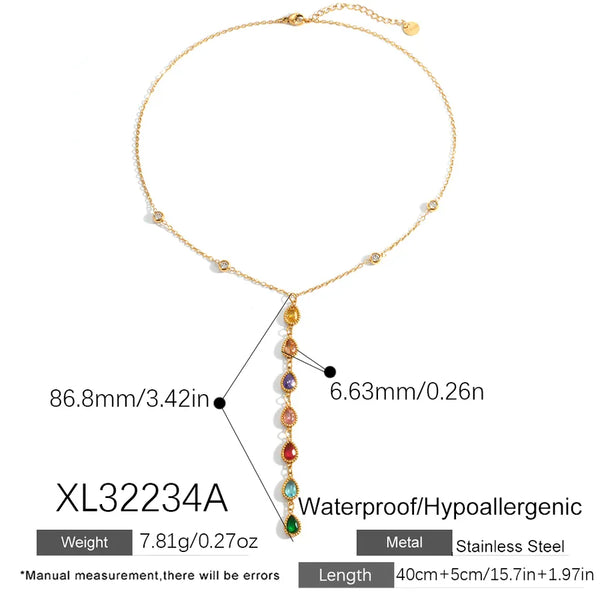 Water Droplets Y-Lariat Necklace for Women, 18K Gold Plated 304 Stainless Steel, PVD Coated Cable Chain with Glass Inlay