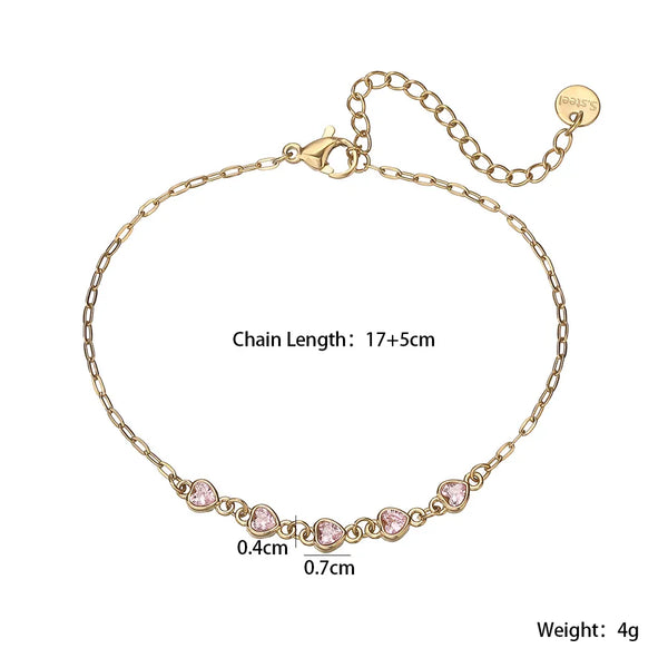 Heart Shape Electroplated Bracelet for Women in 304 Stainless Steel with 16K Real Gold PVD Coating and Zircon Inlay on Cable Chain