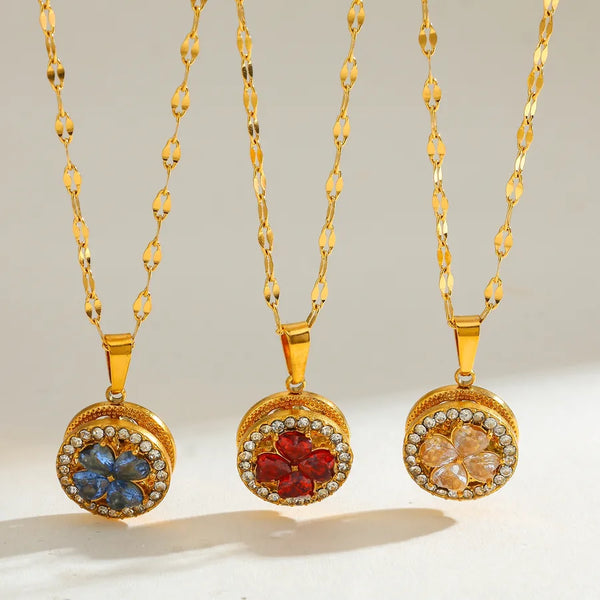 Vacuum Electroplating (In Furnace) Plated 18K Real Gold 304 Stainless Steel Zircon Rotatable Flower Pendant Necklace