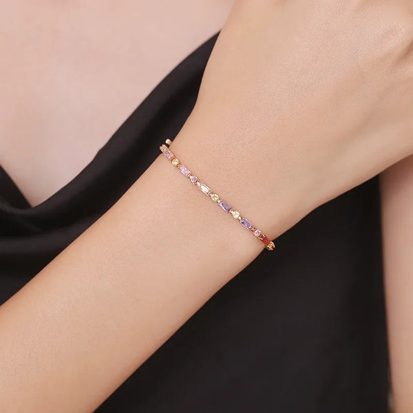 Elegant Colorful Zircon Bracelet For Women Fashionable Versatile Gift For Girlfriend Business Geometry Pattern Copper Alloy