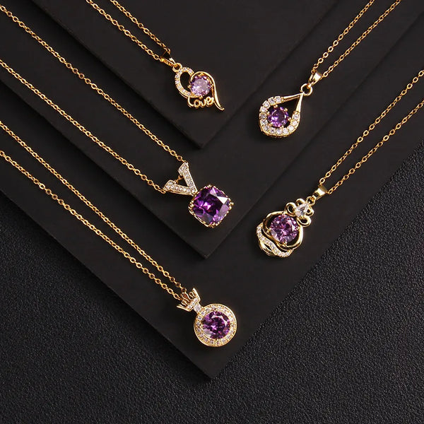 lady korean style geometric square heart shape copper plating inlay zircon pendant necklace