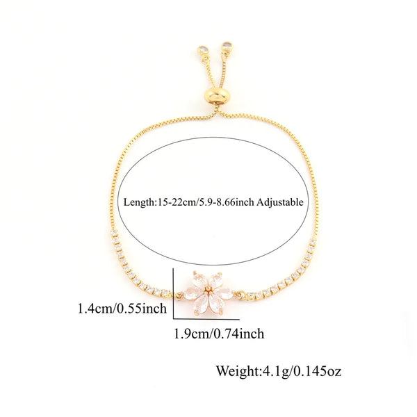 Waterproof Non Tarnish Flowers Bracelet for Women with 18K Real Gold Plated Copper and Artificial Crystal Featuring Slider Chain