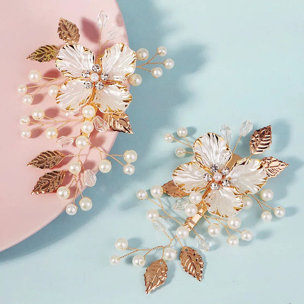 Gold Vintage Flower Hair Clip for Women Handmade Beaded Wedding Bride Hair Accessory Prairie Forest Vacation Duckbill Clip Bohemian