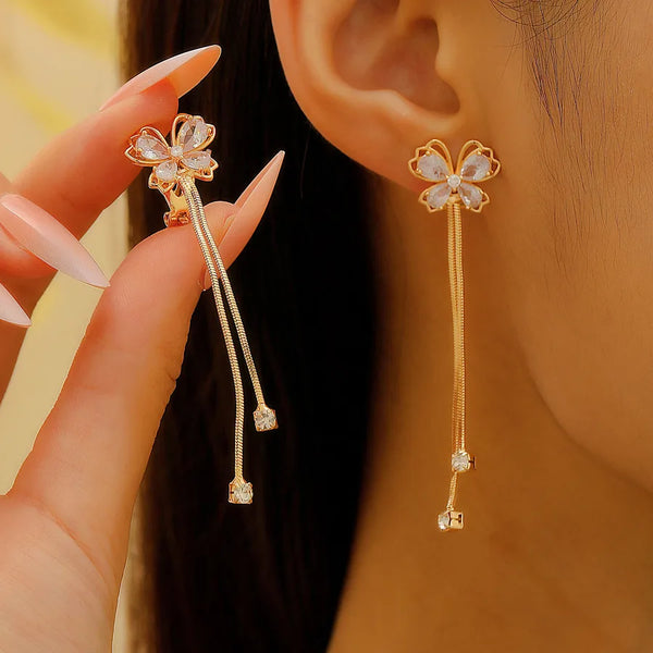 Elegant Long Butterfly Tassel Dangle Earrings Holeless Luxury Sensation Ear Cuff Jewelry For Women Copper Material Zircon Inlay