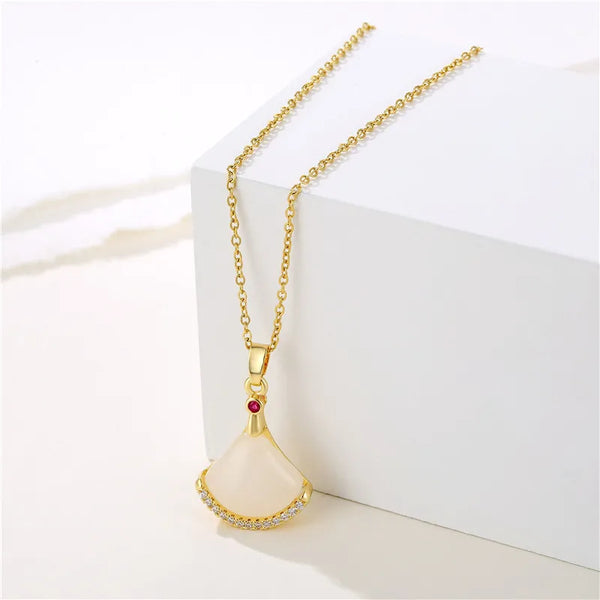 Cat's Eye Pendant Necklace Fan-shaped Stainless Steel Material 18K Gold Simple Wedding Jewelry for Women Geometric Metal Craft